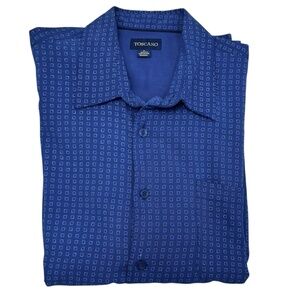 TOSCANO BLUE WITH GEOMETRIC DESIGN SILK BUTTON DOWN SHORT SLEEVE CAMP SHIRT